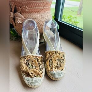 Anne Klein iflex Sequin Espradille Wedges Covered Toe Gold-Beige Size 8.5